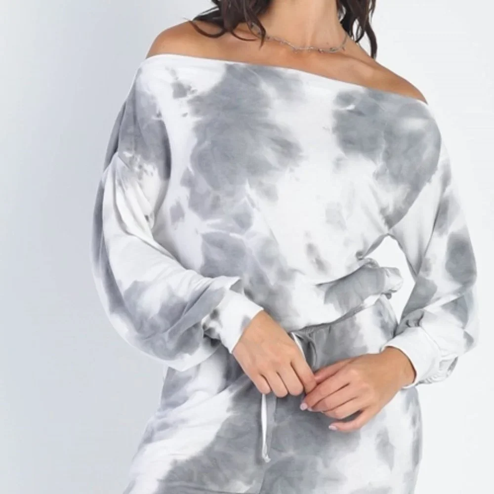 Charcoal Tie-Dye Off-The-Shoulder Top High Waist Pants Set - Picture 5 of 9